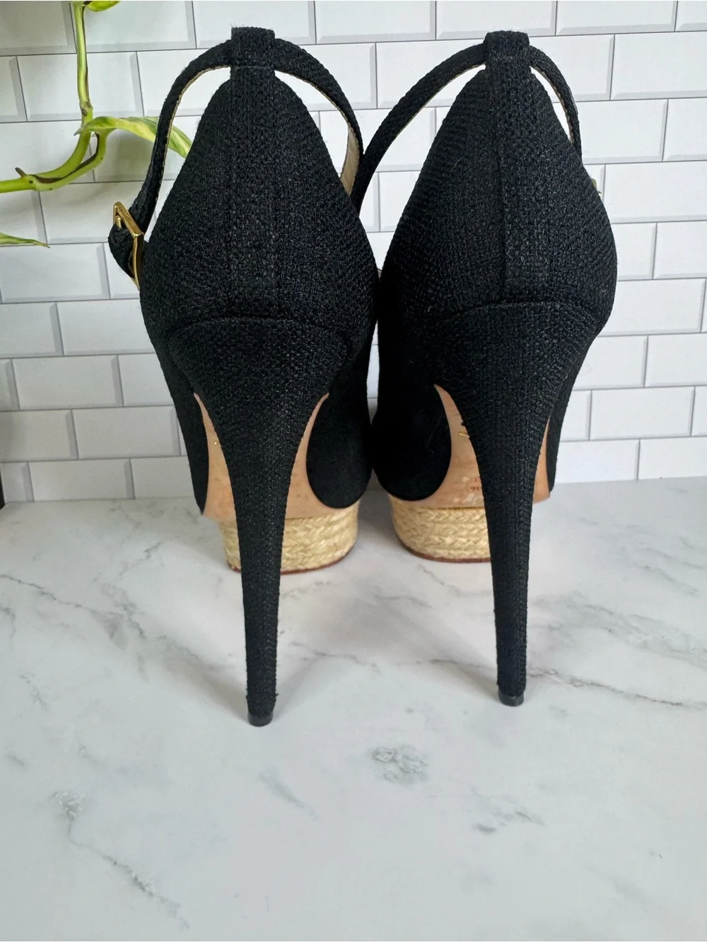 Charlotte Olympia Black Ankle-Strap Platforms Heels Pumps. Linen. Size 37.5